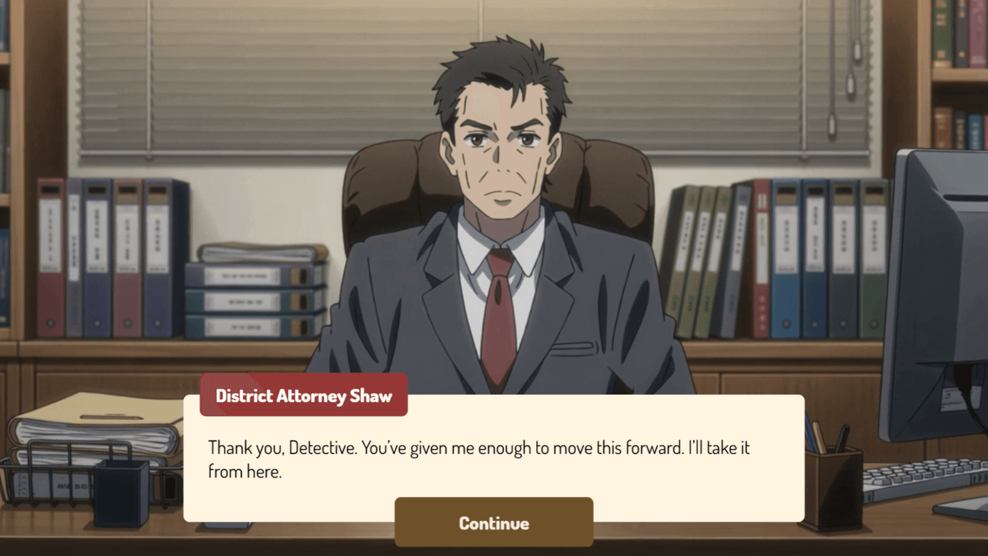 District Attorney Shaw responding to the learner’s case in his office