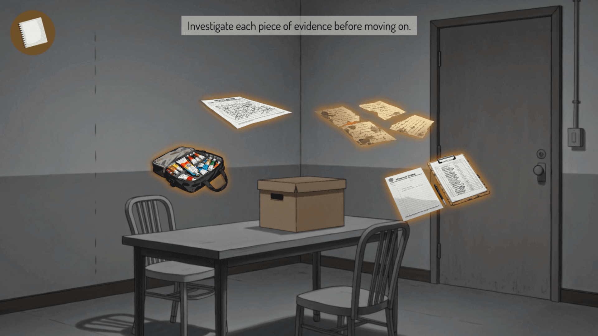 Collected evidence laid out on the interrogation room table for review