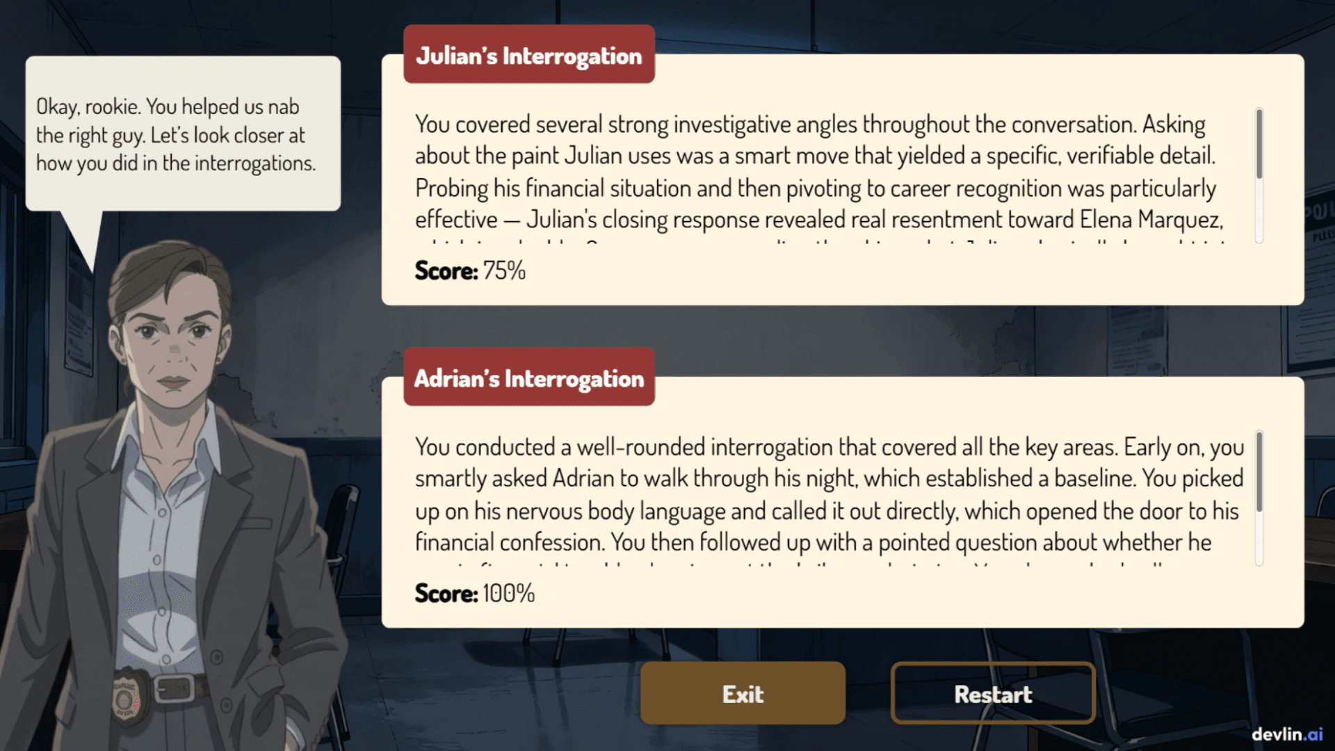 AI-generated feedback reviewing the learner’s interrogation strategy