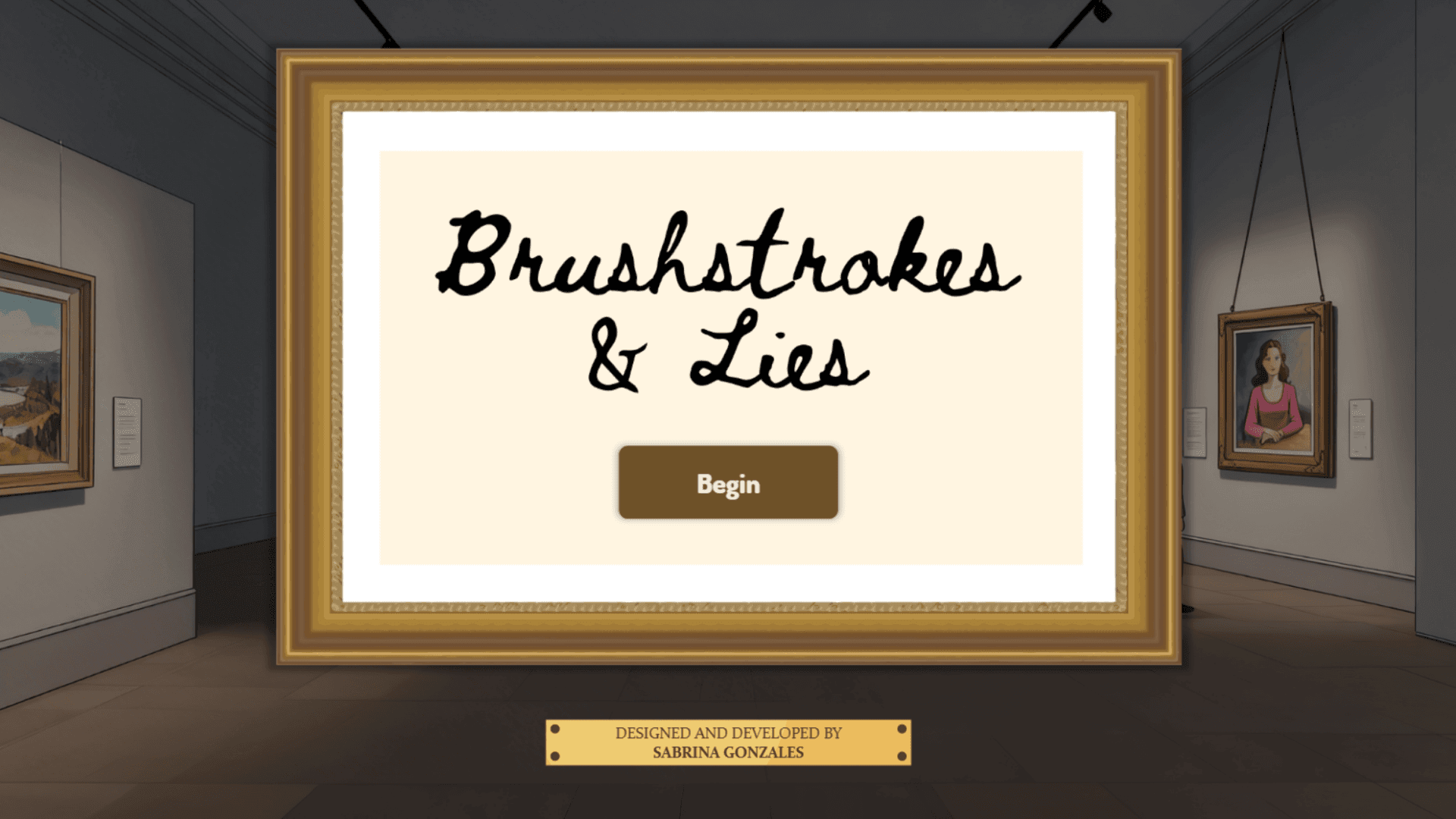Brushstrokes & Lies title screen framed as a painting in the gallery