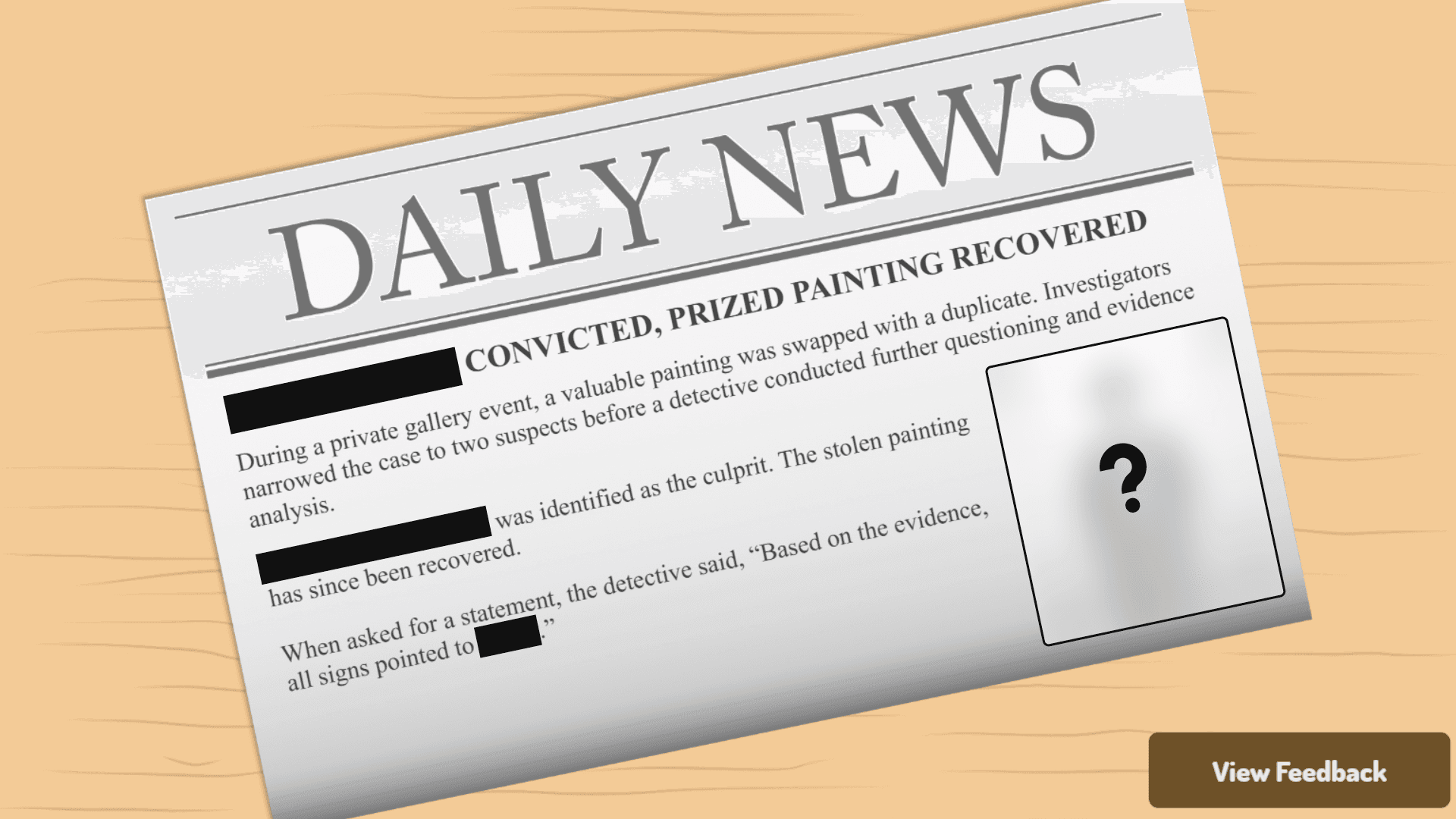 Newspaper-style outcome revealing whether the learner’s accusation held up
