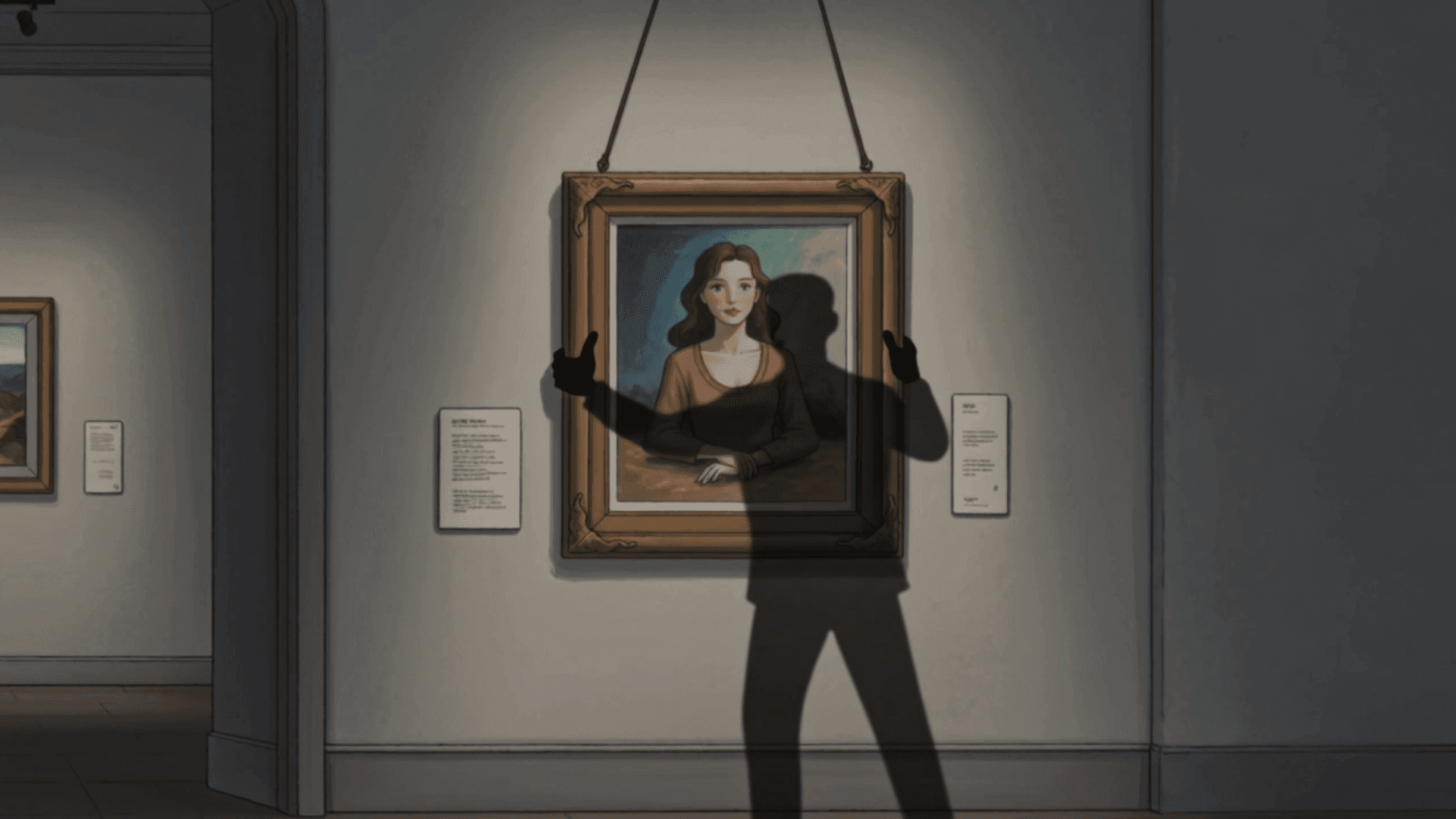 Opening scene — a shadowy figure swapping the gallery painting and fleeing