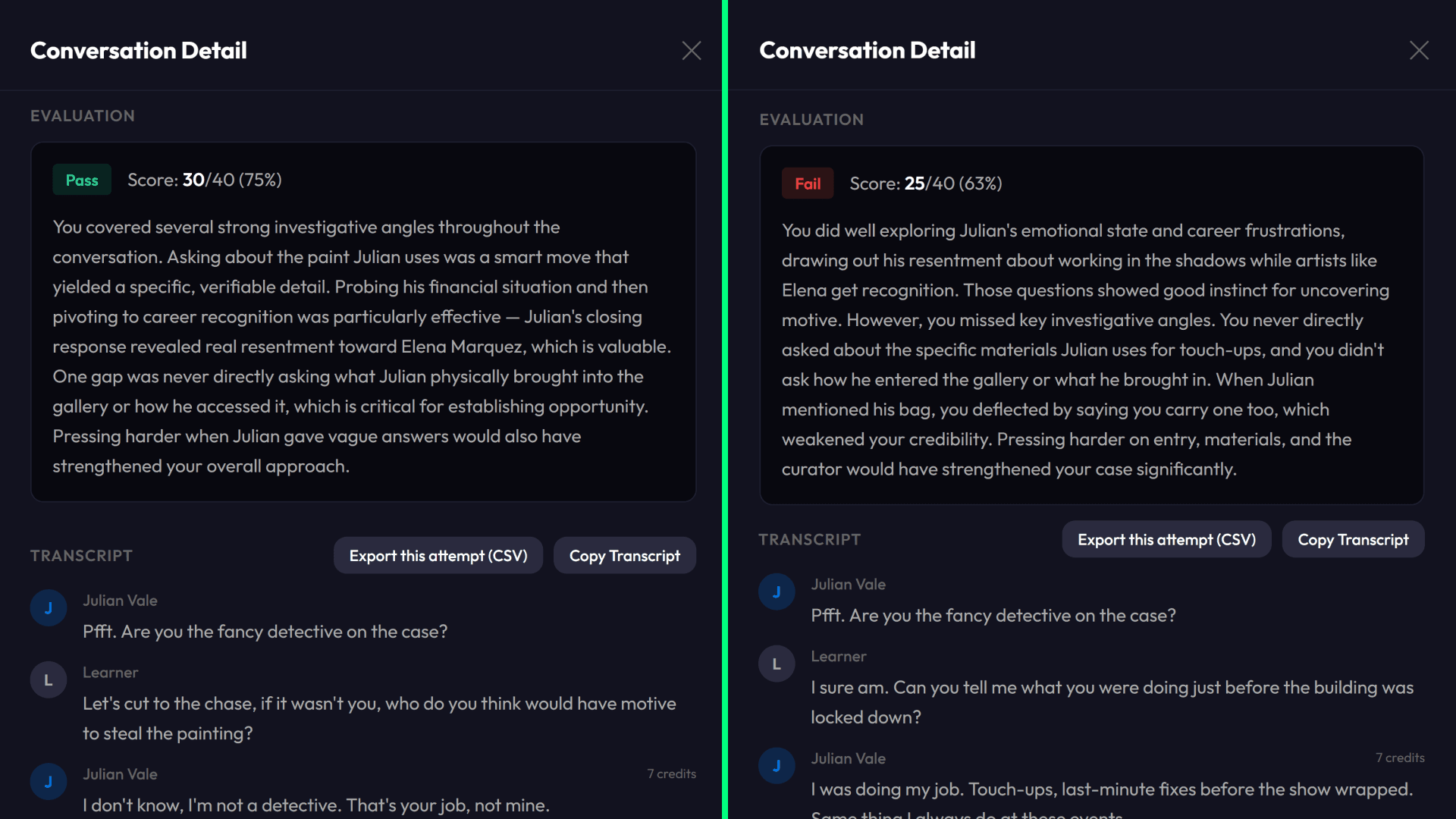 devlin.ai conversation detail showing the learner’s evaluation and full transcript