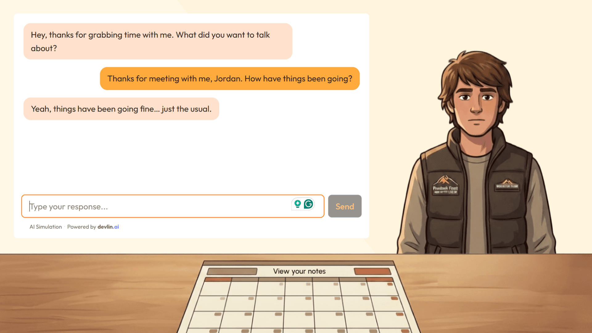 AI conversation with Jordan — his expression neutral and reserved early in the check-in