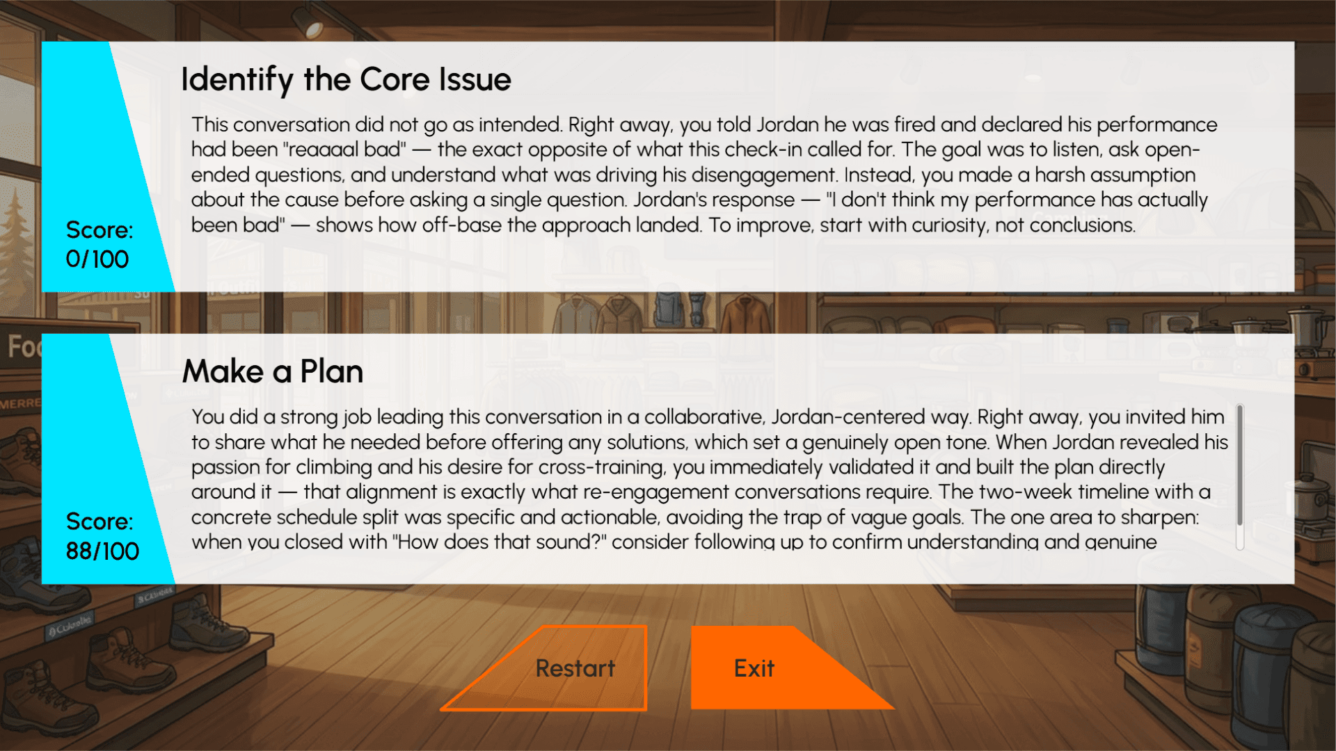 AI-generated feedback screen scoring the learner against the coaching objectives