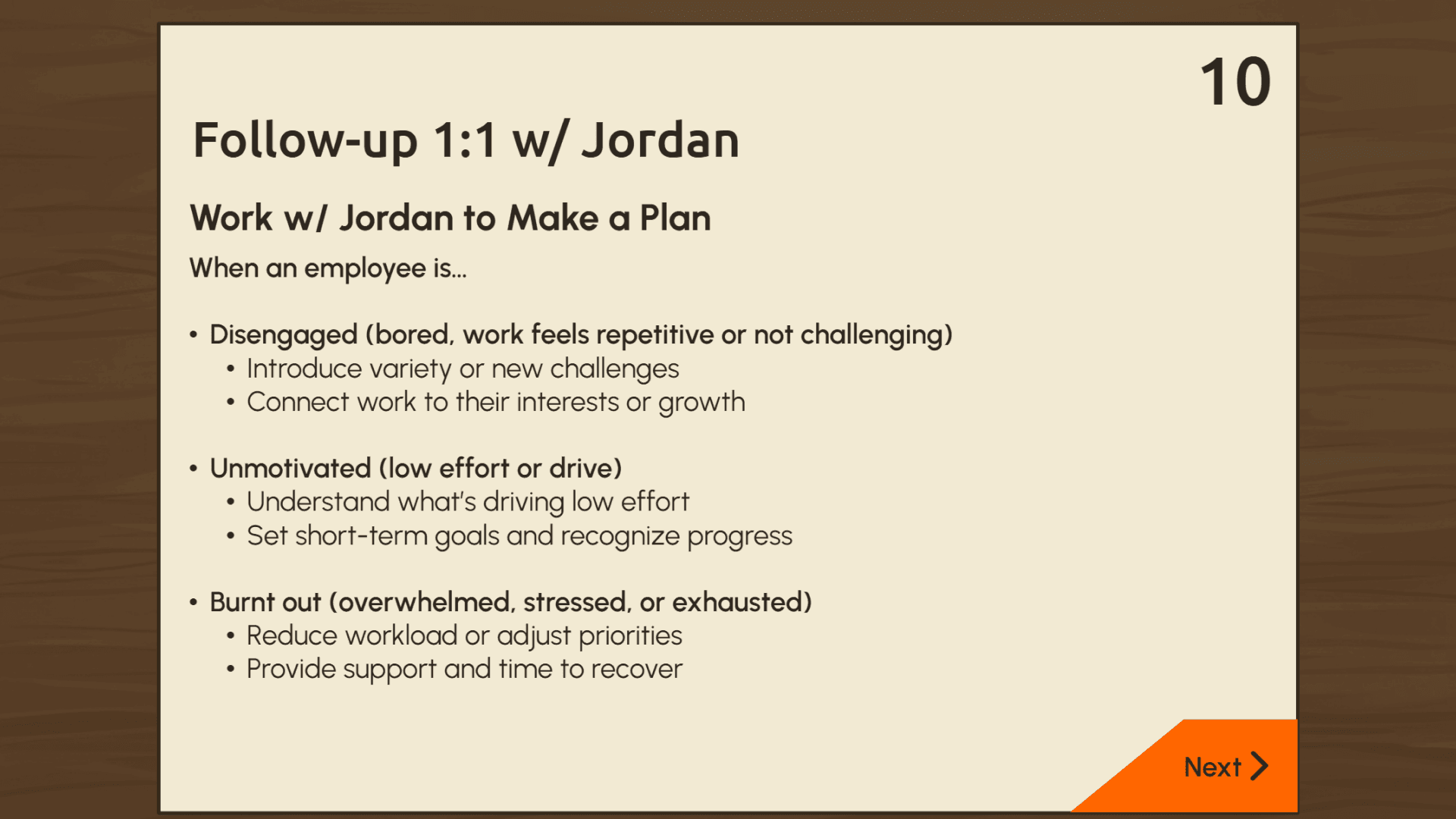 Calendar job aid offering coaching strategies tailored to the performance issue the learner identified