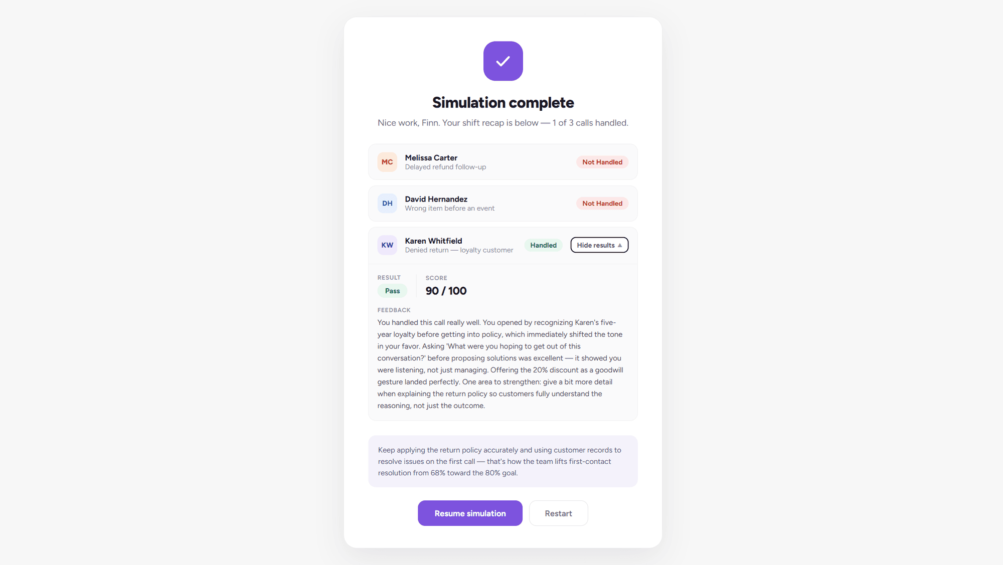 End-of-shift recap showing handled calls, a pass result, score, and AI feedback