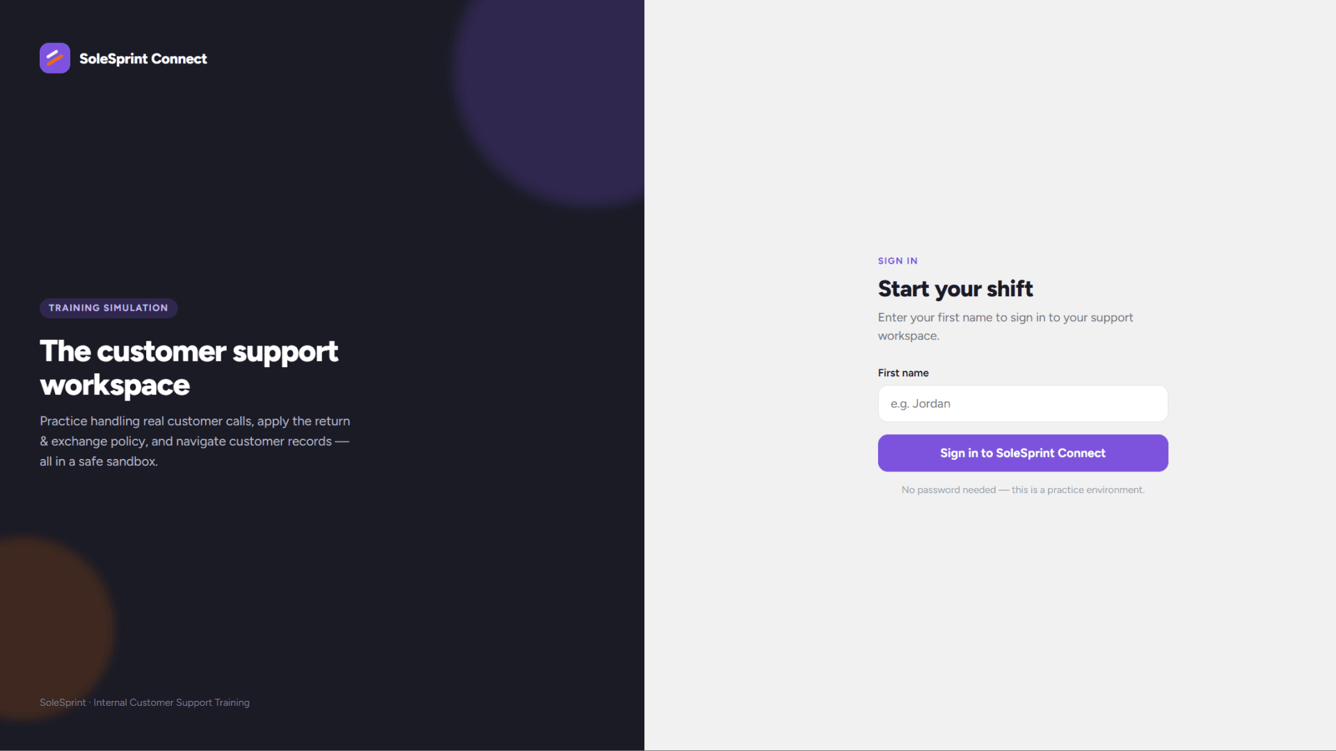 SoleSprint Connect sign-in screen — start your shift
