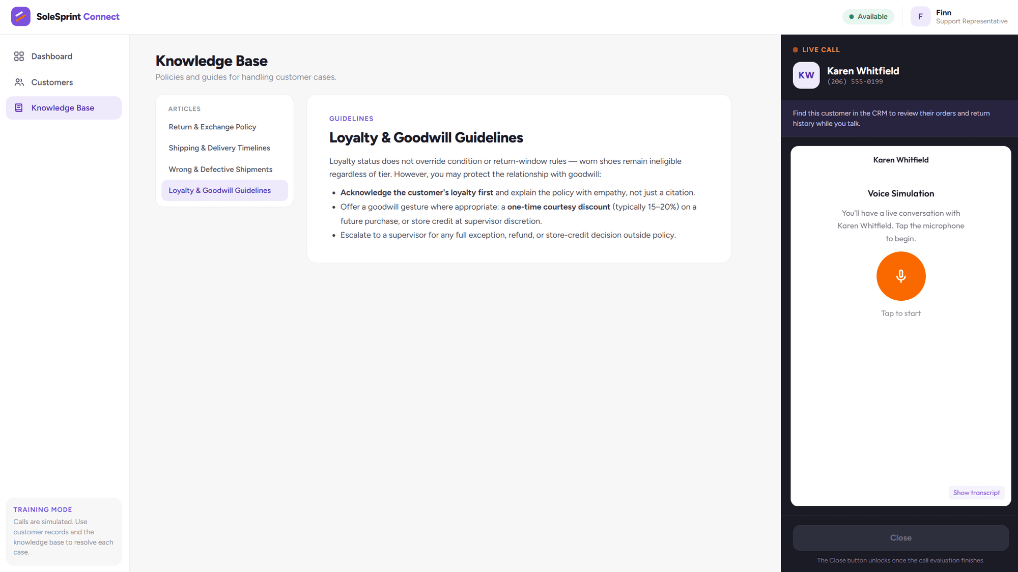 Knowledge base article on loyalty and goodwill guidelines learners can reference mid-call