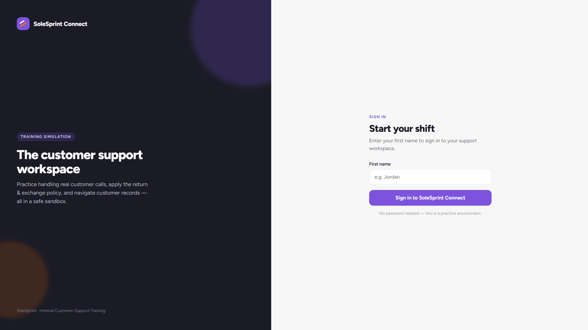 Sign-in screen where learners enter their first name to start their support shift