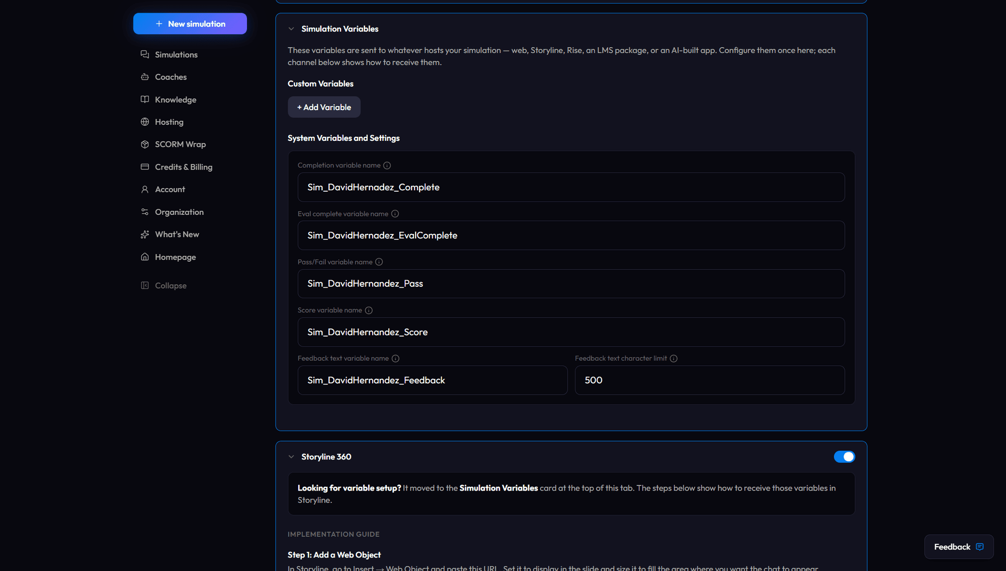devlin.ai publishing tab configuring simulation variables for LMS delivery