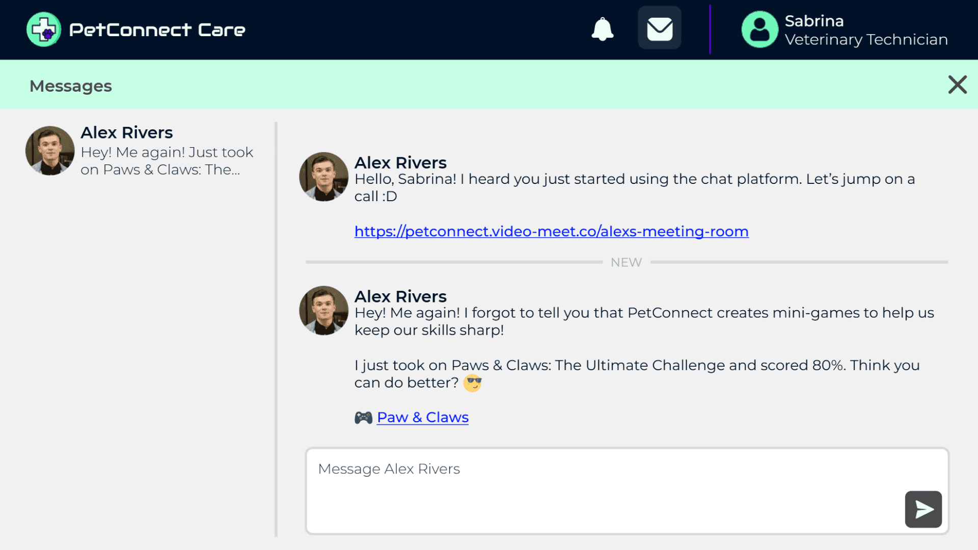 A colleague, Alex, reaches out in the messages panel and shares a mini-game