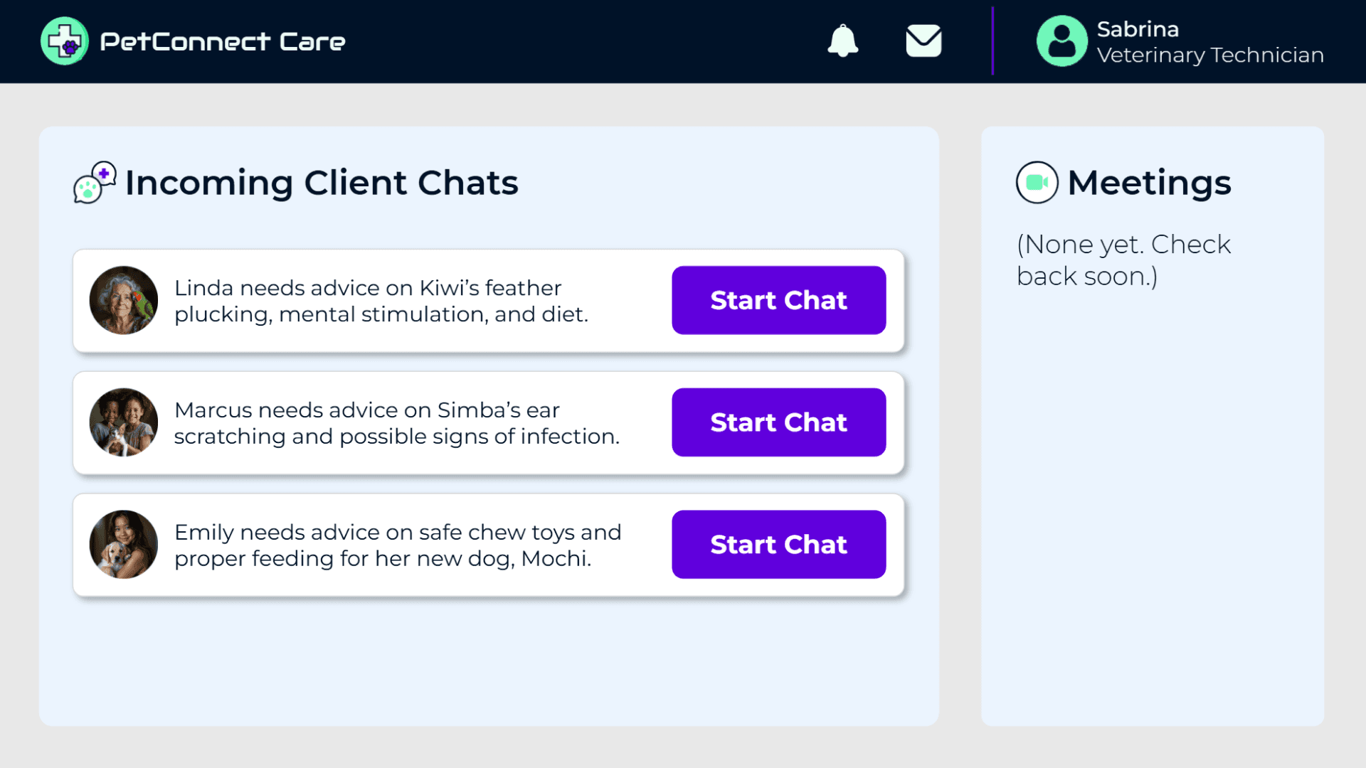 PetConnect Care dashboard listing incoming client chats waiting for the vet tech