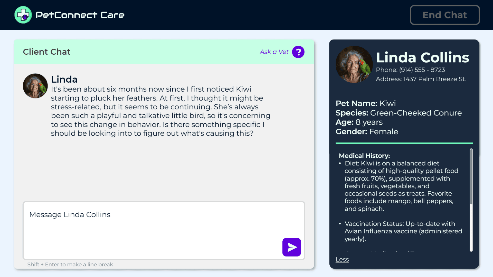 The chat interface where the learner messages Linda about her bird Kiwi, with a client and pet profile alongside