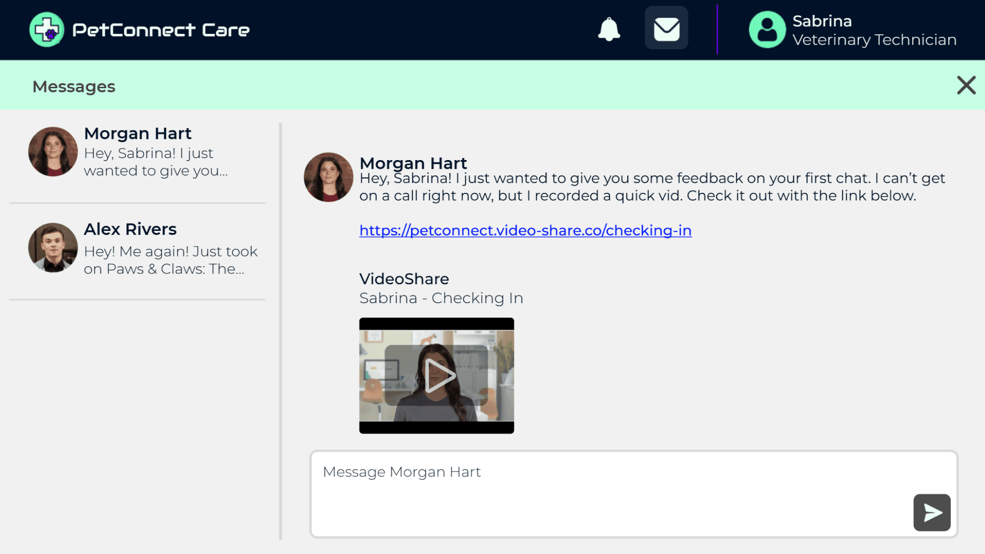 Morgan messages the learner with a link to a personalized feedback video