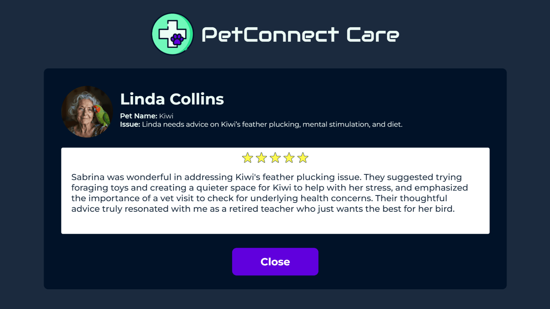 The client review Linda leaves after the chat, with a star rating and comments specific to the conversation