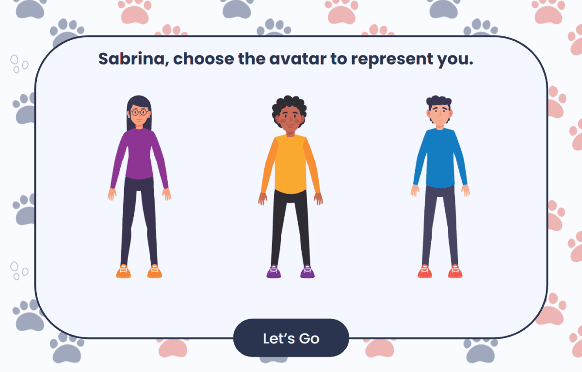 The character-select screen where learners choose an avatar to represent them