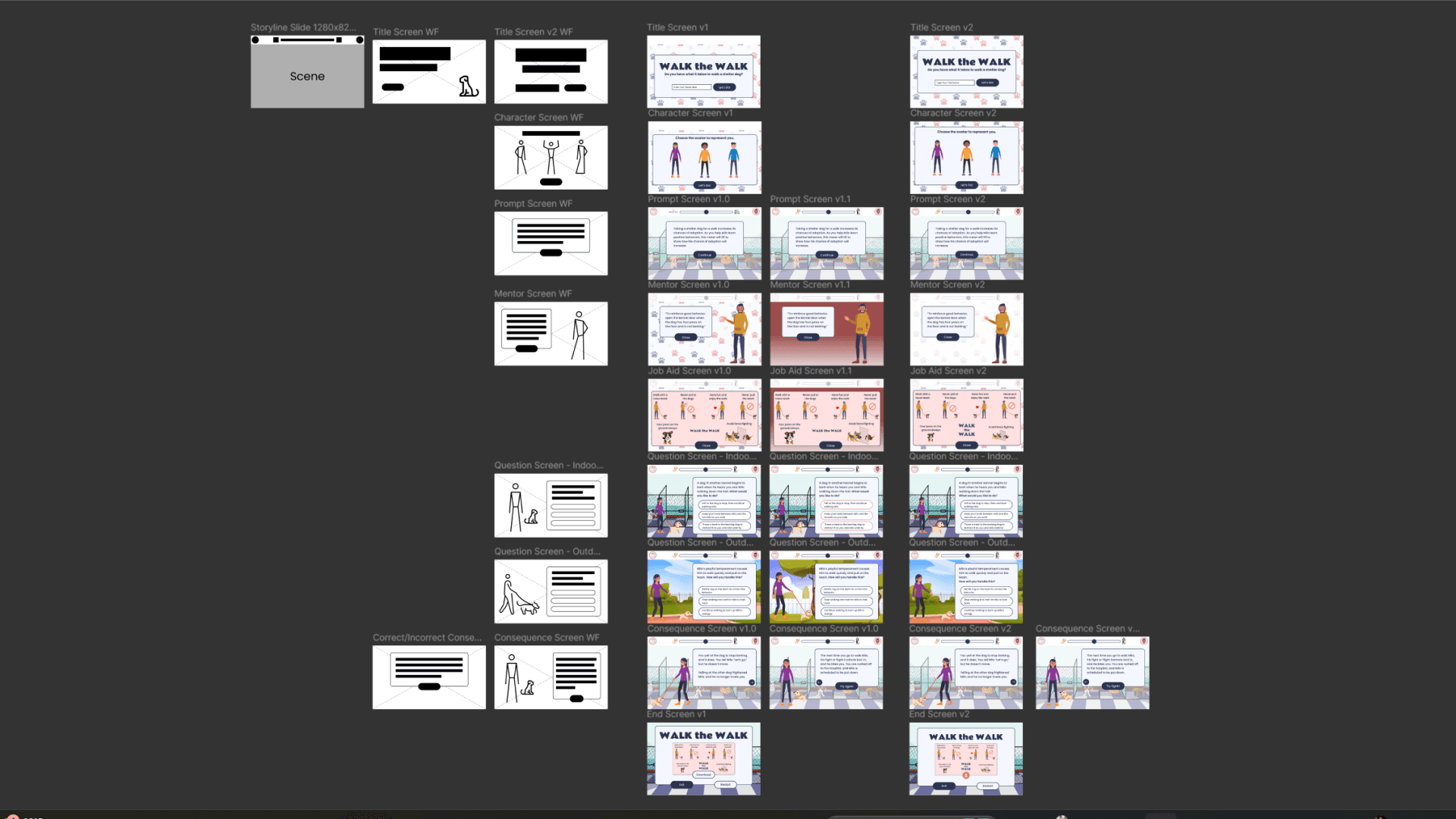 A design board tracing each slide type from wireframe through iterations to final mockup