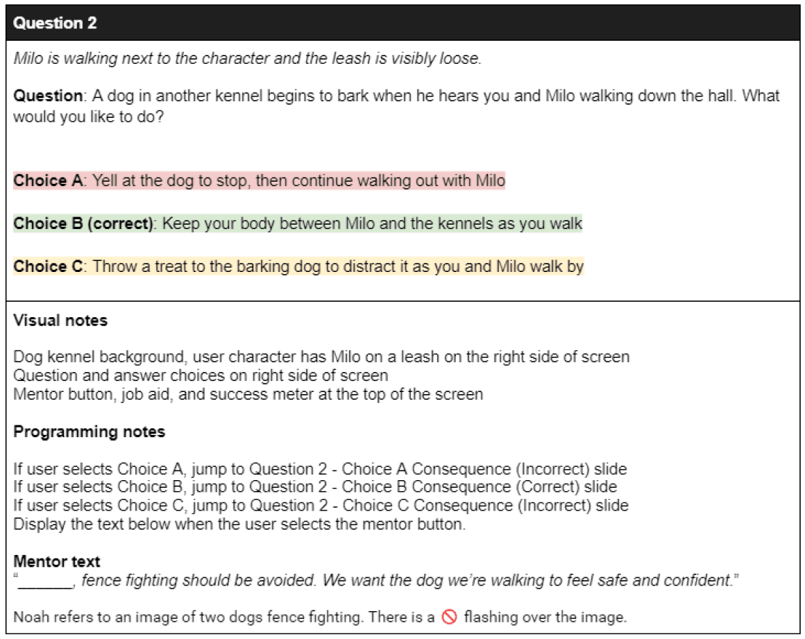 A storyboard question slide with one correct choice and two distractors
