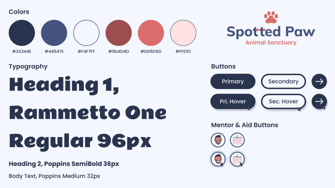 The Spotted Paw style guide with color, type, and button states