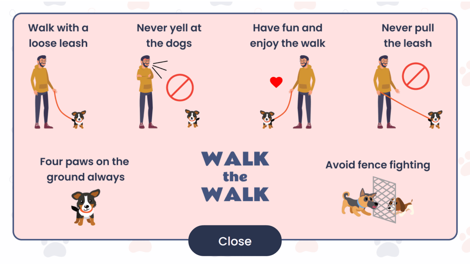 A walker keeping their body between Milo and a barking kennel dog